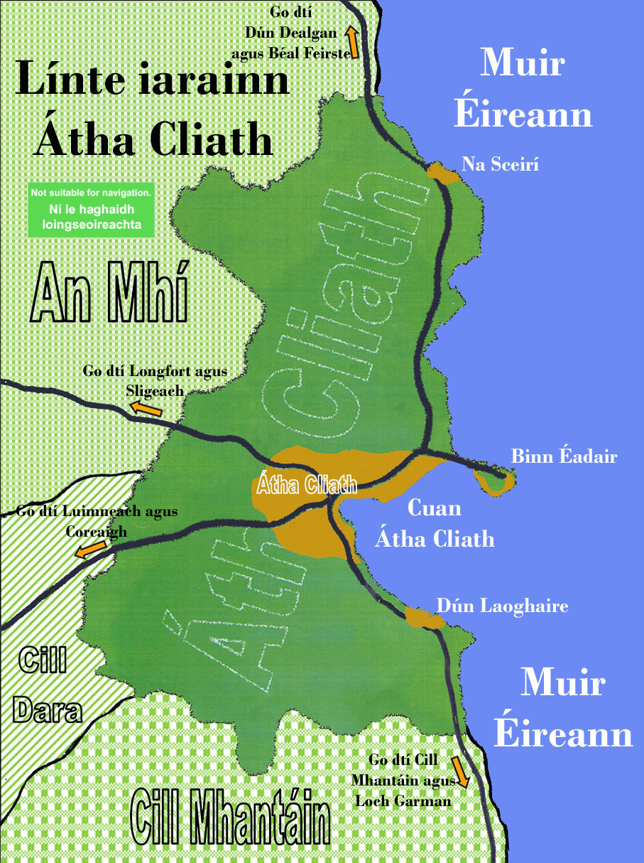 Map of Dublin railways in Irish.