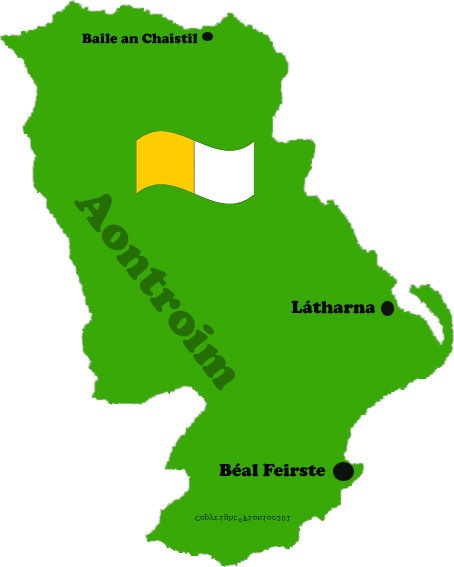 Antrim county map with flag and towns