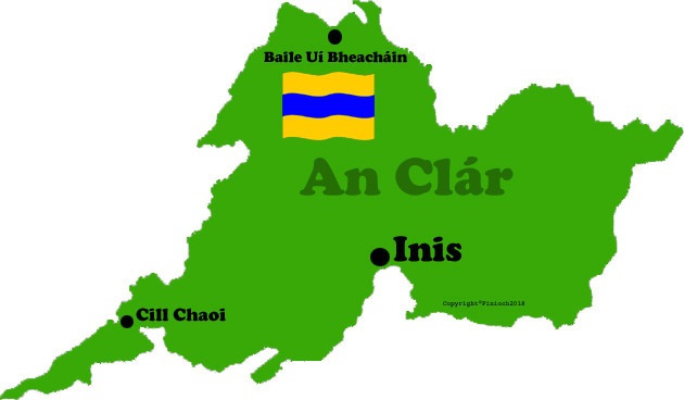 Clare county map and flag with towns