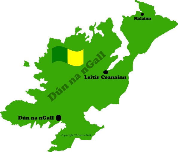 Donegal county map and flag with towns