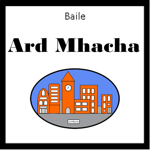 Armagh county town road sign with buildings and text.