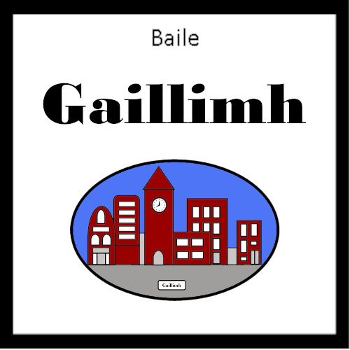 Galway county town sign with buildings image.